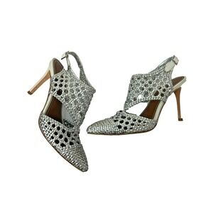 Donald Pliner Parma Sling Back Stiletto Heel Metallic Silver Woven Leather SZ  7